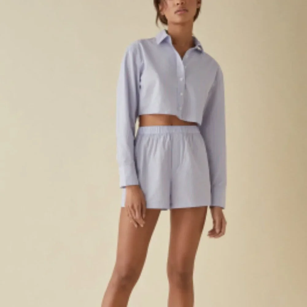 Reformation Willow Pajama Set Cropped Top Boxer Shorts Striped Blue Peach Size L - Picture 1 of 16